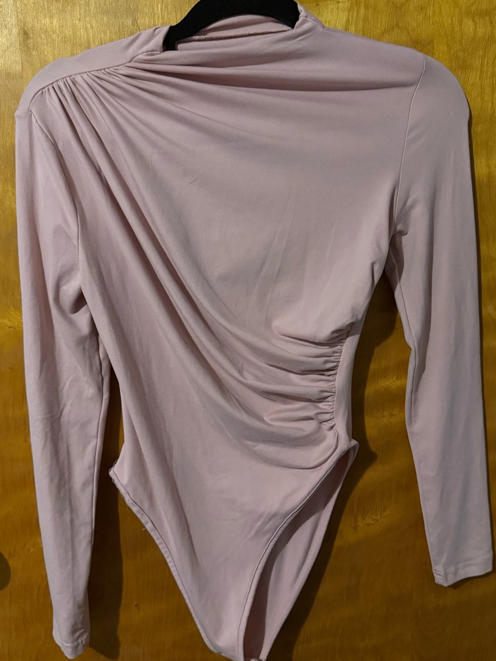 Women’s Blush Pink Ruched Mock Neck Long Sleeve Bodysuit – Size Small